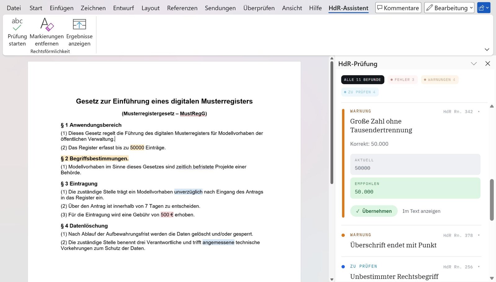 Korrekturvorschlag im HdR-Assistenten: große Zahl ohne Tausendertrennung, Vorschlag 50.000 mit Knopf Übernehmen