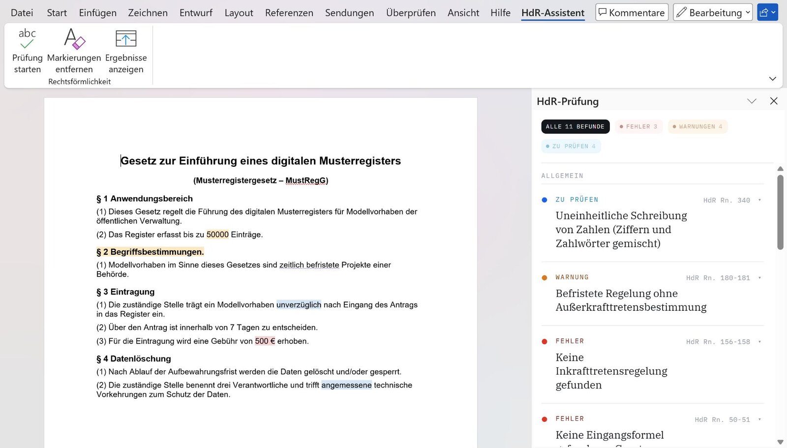 HdR-Assistent in Microsoft Word: Seitenleiste mit elf Befunden zu einem Musterentwurf, gefiltert nach Fehler, Warnung und zu prüfen, jeweils mit Randnummer
