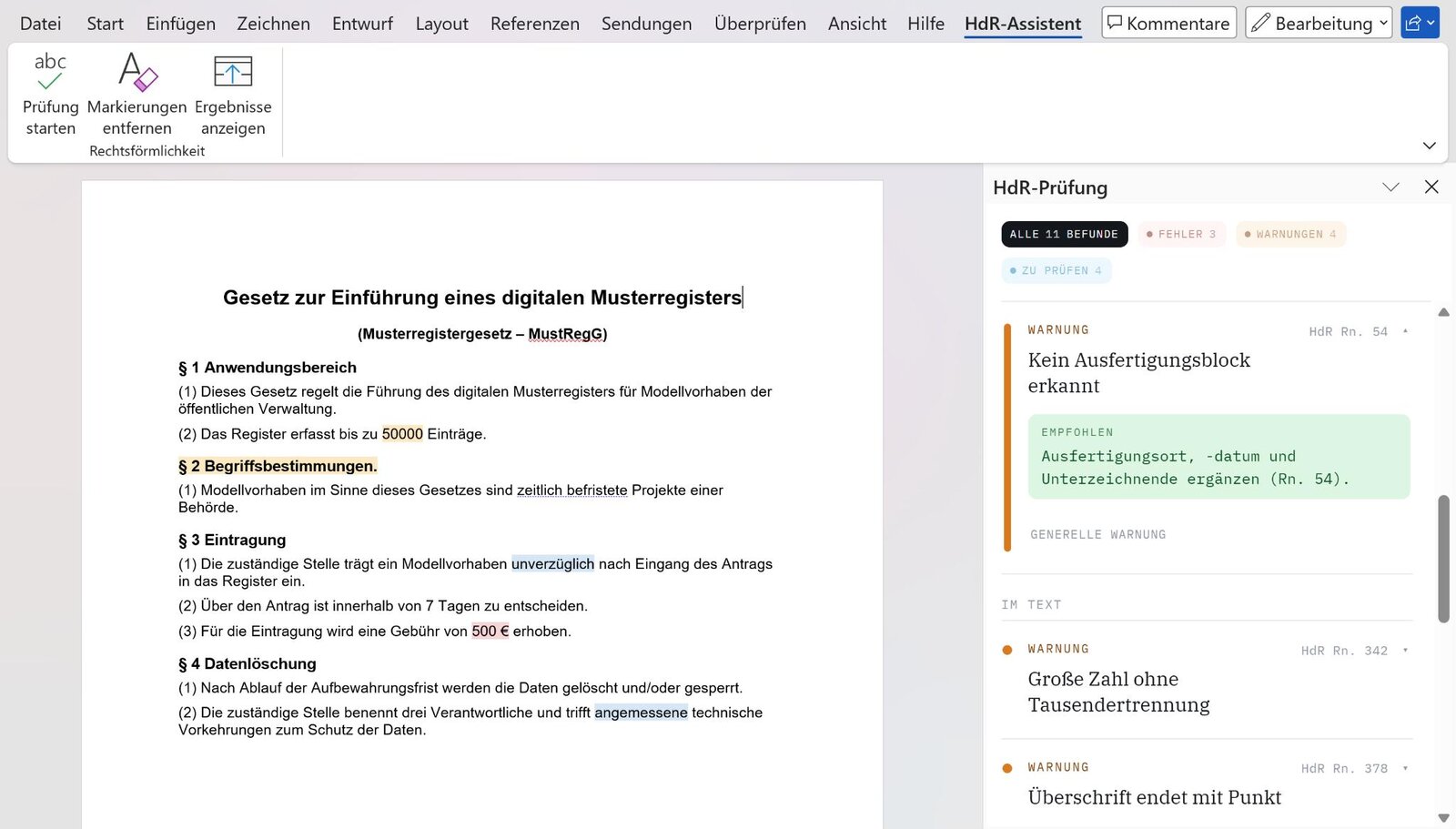 Warnungen im HdR-Assistenten mit Empfehlungen: keine Inkrafttretensregelung gefunden, große Zahl ohne Tausendertrennung, Überschrift endet mit Punkt