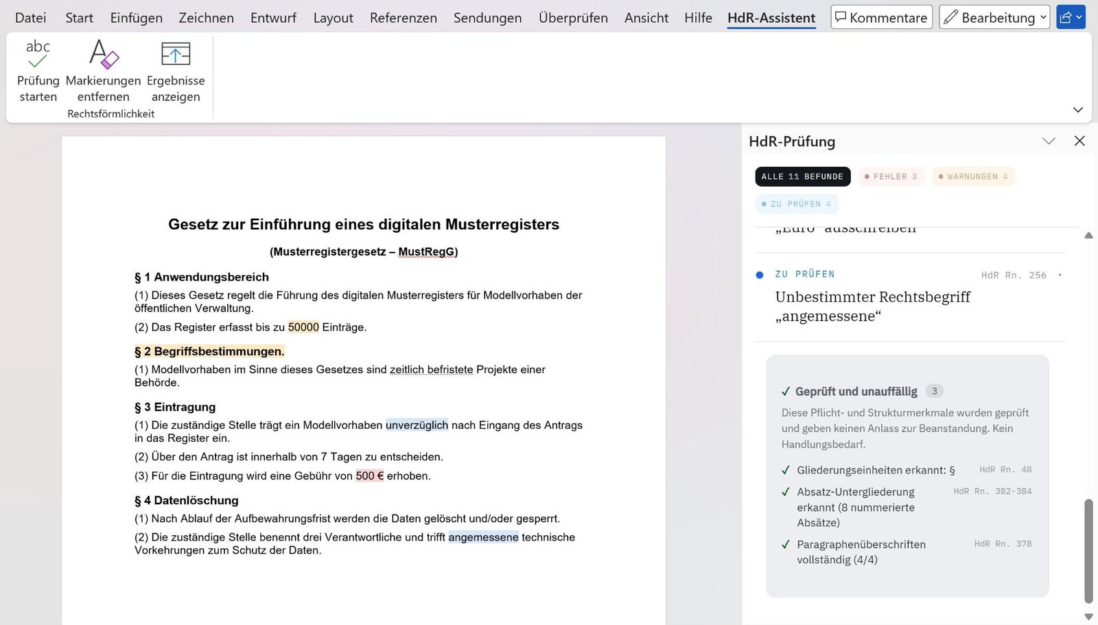 Block Geprüft und unauffällig im HdR-Assistenten: Gliederungseinheiten, Absatz-Untergliederung und Paragrafenüberschriften geprüft, kein Handlungsbedarf